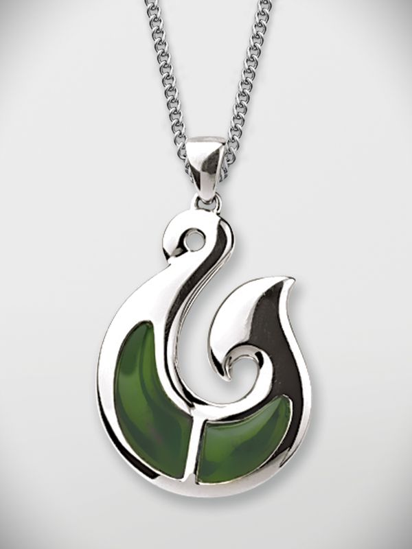 Moko Pounamu Hei Matau (Hook) Greenstone and Sterling Silver  Pendant - PO2592P