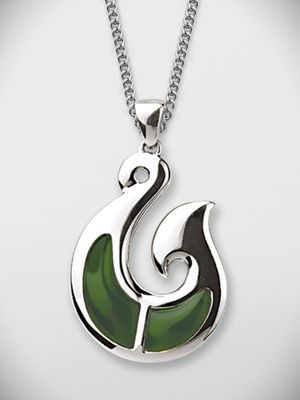 Moko Pounamu Hei Matau (Hook) Greenstone and Sterling Silver  Pendant - PO2592P