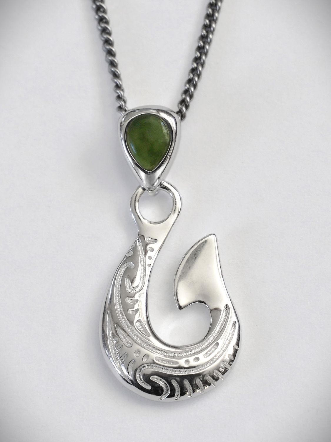 Moko Pounamu Hei Matau (Hook) Genuine NZ Greenstone and Sterling Silver Pendant with Kowhaiwhai P26