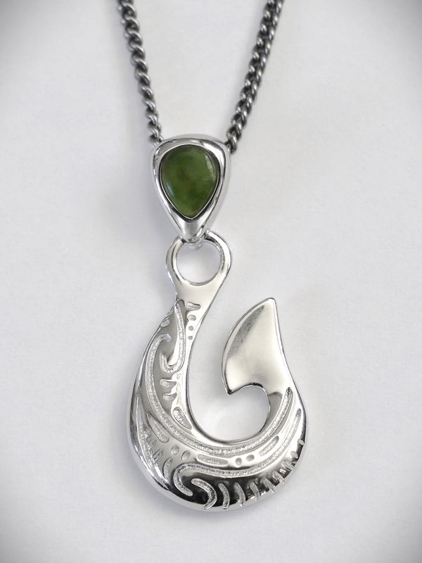 Moko Pounamu Hei Matau (Hook) Genuine NZ Greenstone & Sterling Silver Pendant with Kowhaiwhai P26 - SALE