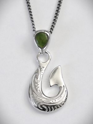 Moko Pounamu Hei Matau (Hook) Genuine NZ Greenstone and Sterling Silver Pendant with Kowhaiwhai P26