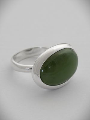 Moko Pounamu Greenstone and Silver Oval Dome Unisex Ring - 2660-200