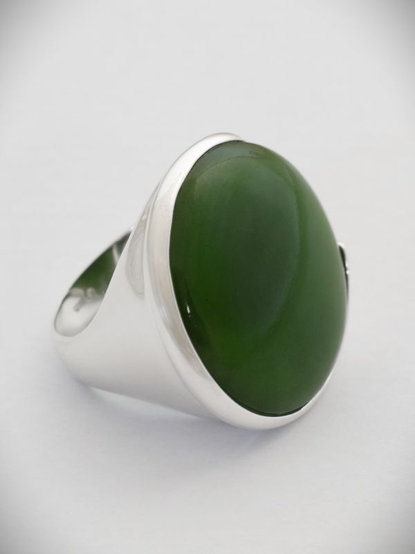 Moko Pounamu Greenstone and Silver Round Dome Unisex Ring - Z612-1124