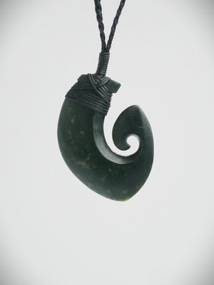 Moko Pounamu Hei Matau (Hook) NZ Genuine Kawakawa Greenstone - Purakaunui