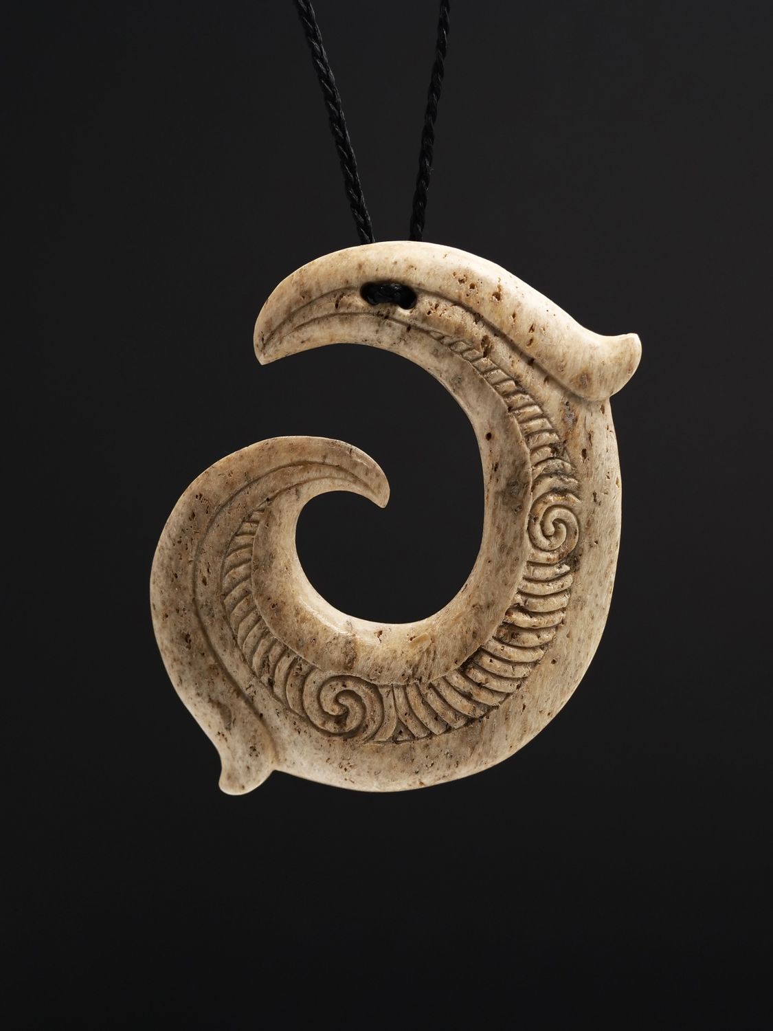 Moko Pounamu Hei Matau Koru Genuine Whale Bone Carving - Waikaia