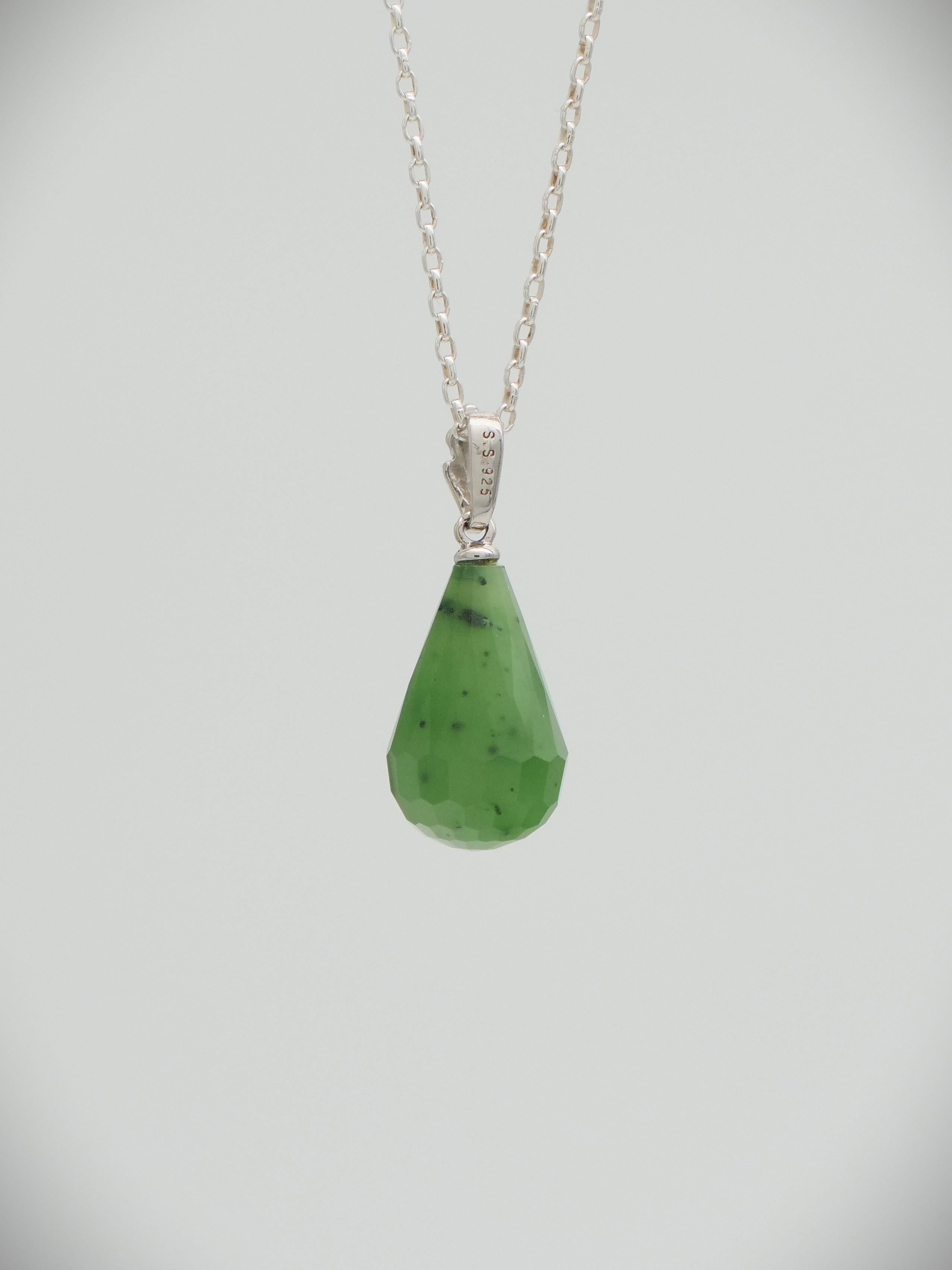 Moko Pounamu Faceted Briolette Kahurangi Greenstone and Sterling Silver pendant