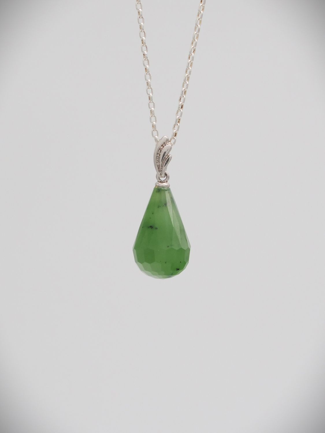 Moko Pounamu Faceted Briolette  Kahurangi Greenstone and Sterling Silver