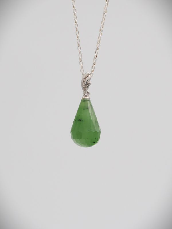 Moko Pounamu Faceted Briolette  Kahurangi Greenstone and Sterling Silver