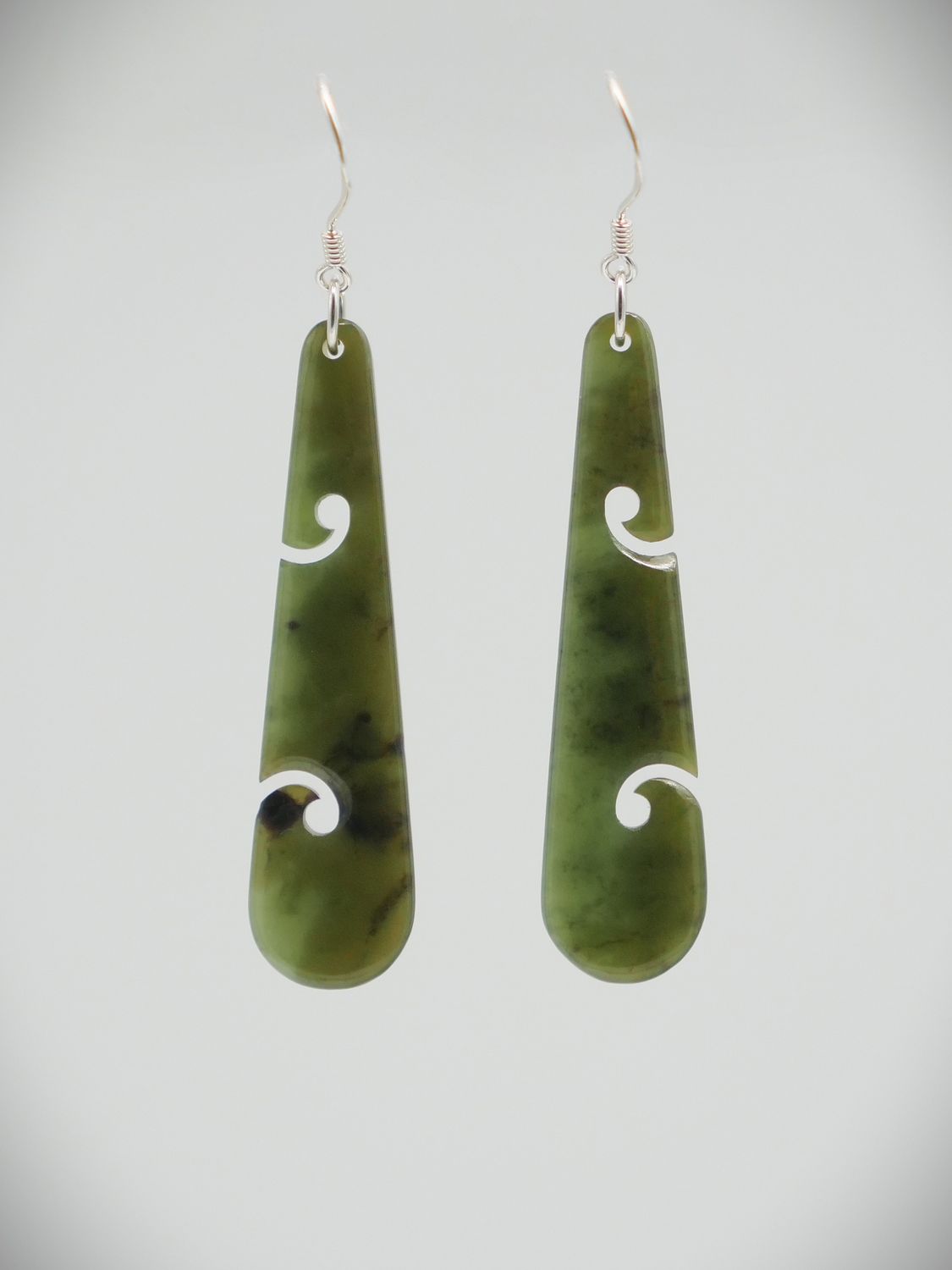 Moko Pounamu NZ Genuine Kawakawa Greenstone & Sterling Silver Earrings with Koru  KDE2