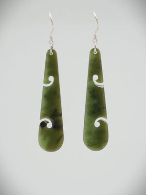 Moko Pounamu NZ Genuine Kawakawa Greenstone & Sterling Silver Earrings with Koru  KDE2