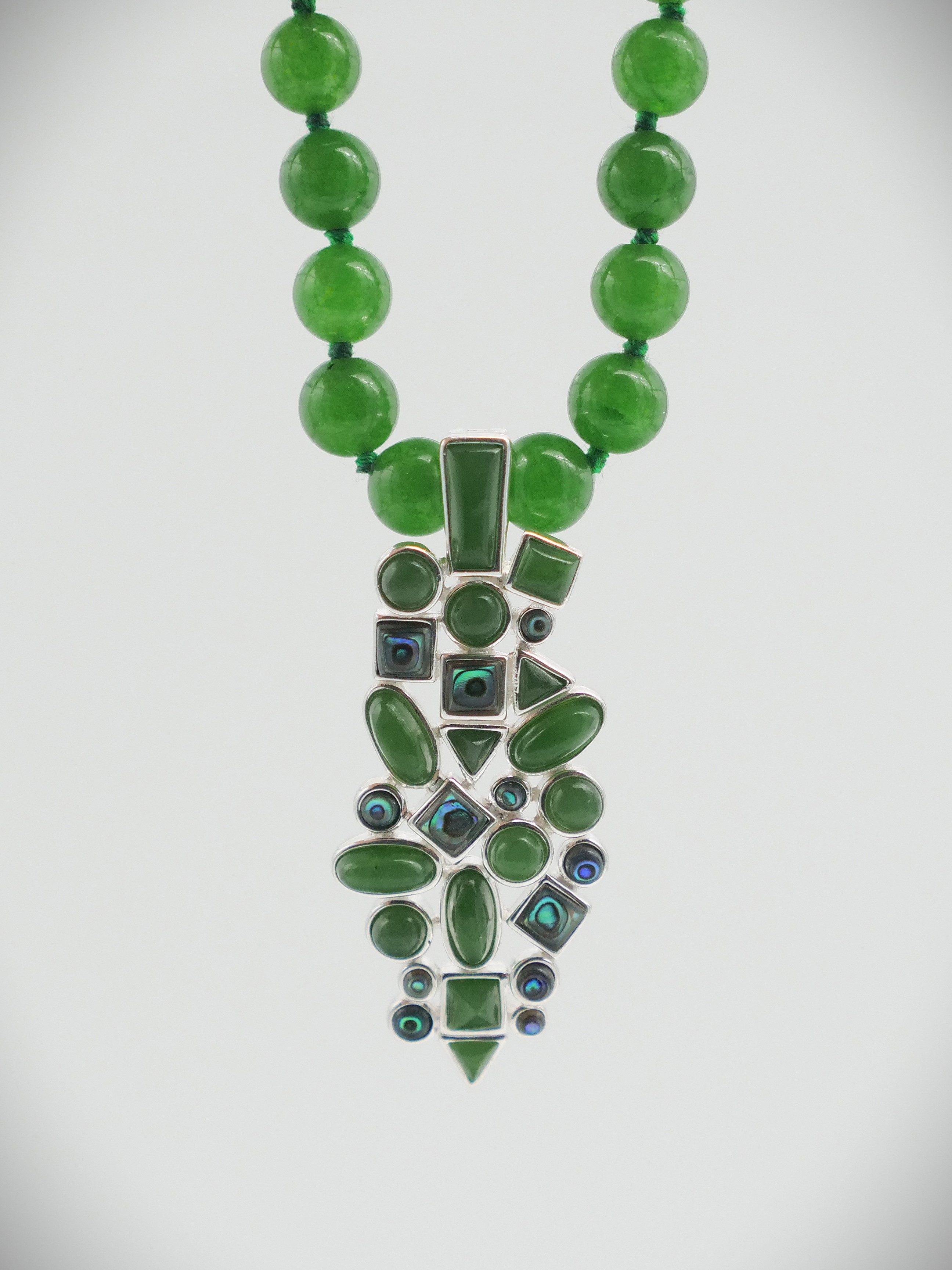 Moko Pounamu Multi Cabochon  Greenstone /Paua and Sterling Silver Enhancer Pendant - P01666