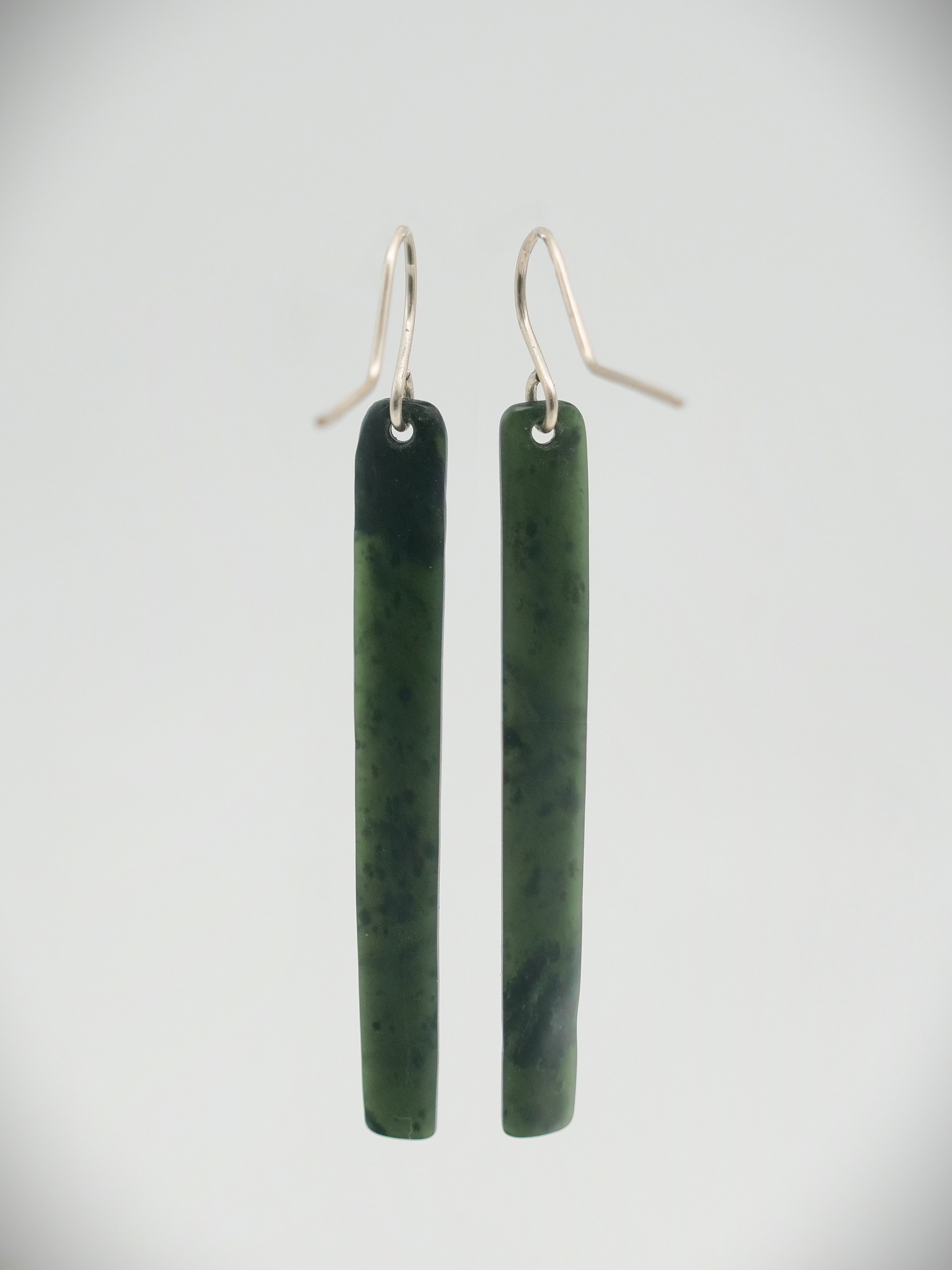Moko Pounamu NZ Kawakawa Greenstone and Sterling Silver Drop Earrings 11822