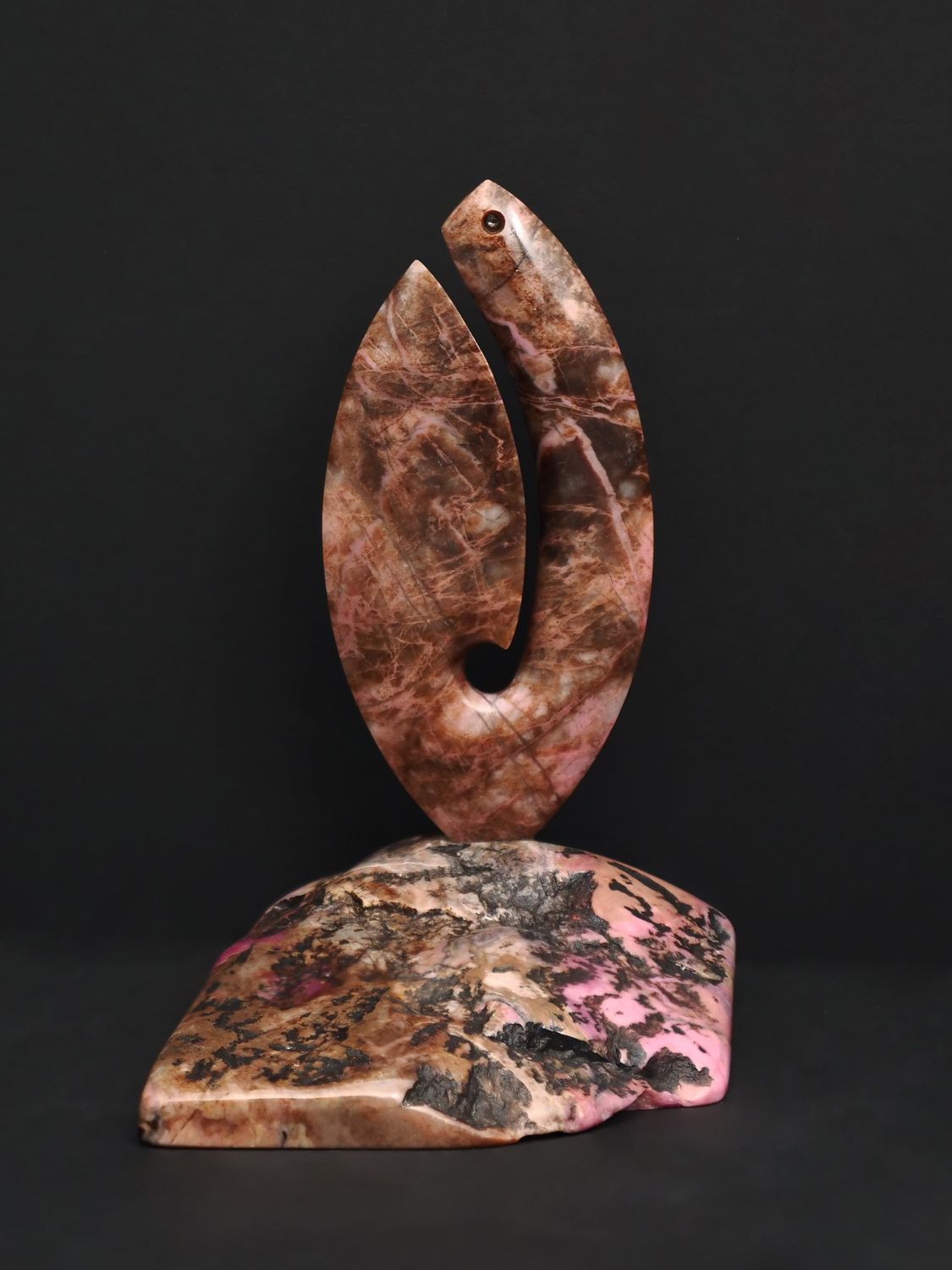 Moko Pounamu Matau (Fishhook) Sculpture NZ Genuine Rhodonite - Tokoiti