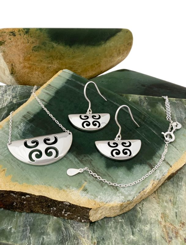 Moko Pounamu - I AM HOPE Sterling Silver Breast Plate Pendant and Earring Set