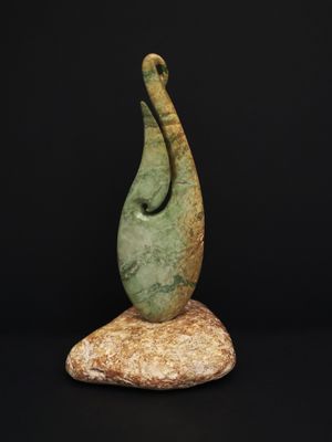 Moko Pounamu Matau (hook) Sculpture NZ Genuine Raukaraka & Kokopu Greenstone - Makarewa