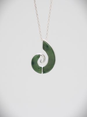 Moko Pounamu Hei Matau (Hook) Greenstone and Sterling Silver  Pendant - 73JP