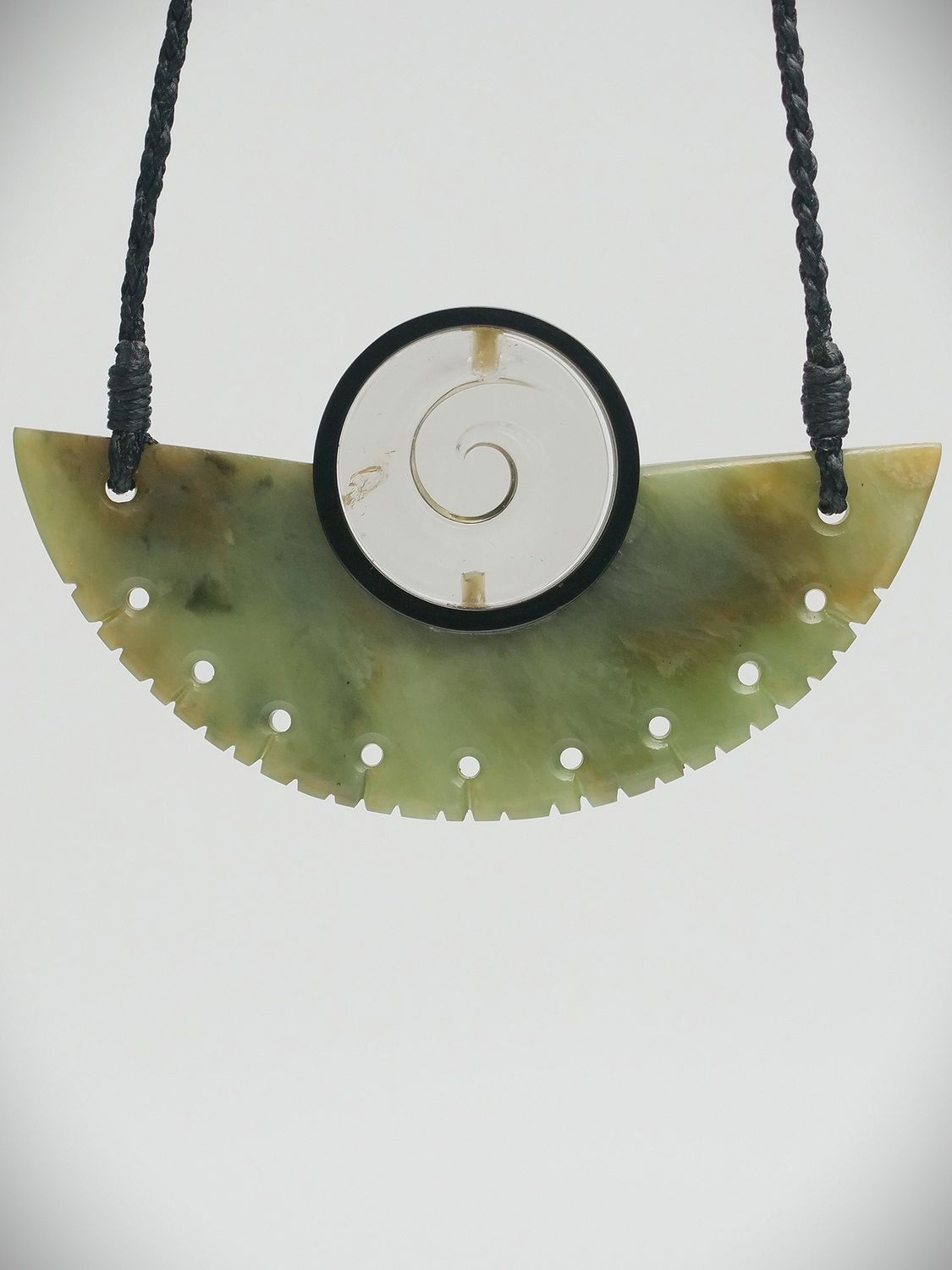 Moko Pounamu Kouma (Breastplate) NZ Genuine Pipiwharauroa Inanga Greenstone, Pakohe & Kauri Copal - Taniwha