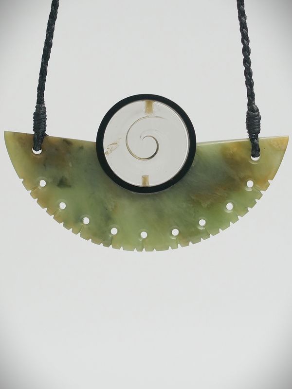 Moko Pounamu Kouma (Breastplate) NZ Genuine Pipiwharauroa Inanga Greenstone, Pakohe & Kauri Copal - Taniwha
