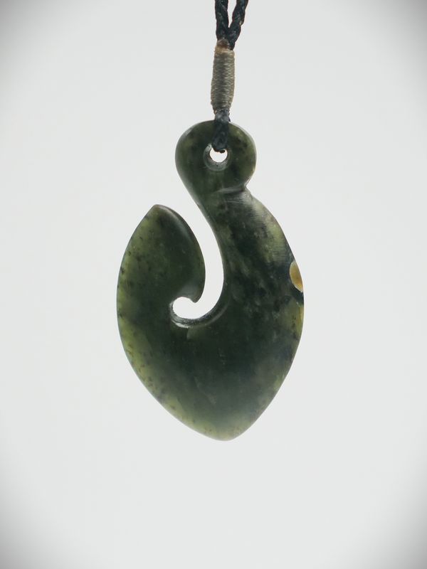 Moko Pounamu Hei Matau (Hook) NZ Genuine Kawakawa Greenstone - Te Pirita