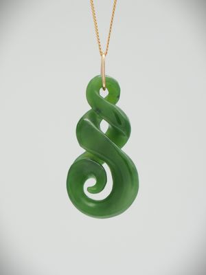 Moko Pounamu Double Pikorua (Twist) with Koru NZ Genuine Kahurangi Greenstone & 9ct Gold Pendant - Herekopare