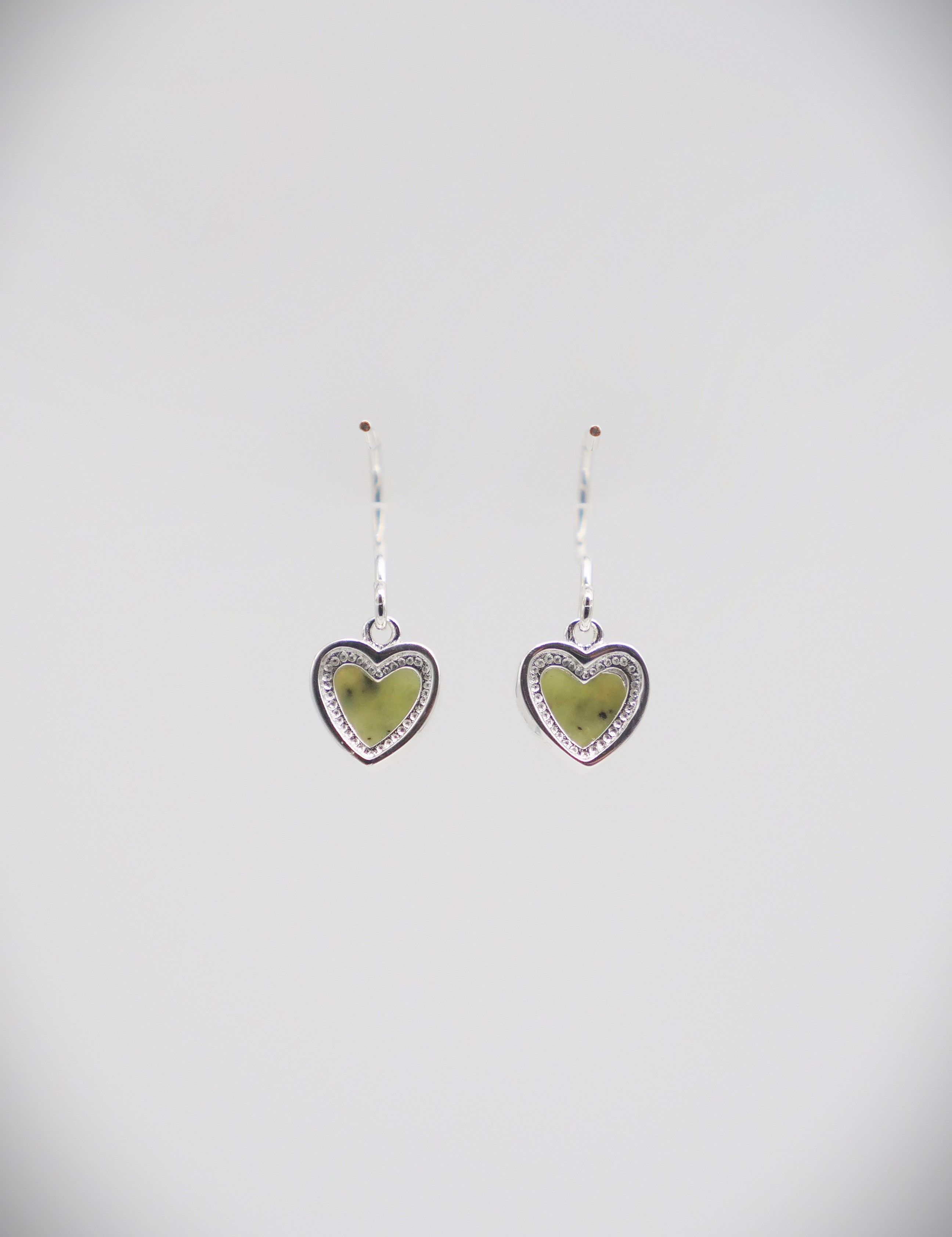 Moko Pounamu NZ Genuine Greenstone and Sterling Silver Pepi Heart Earrings - ES223