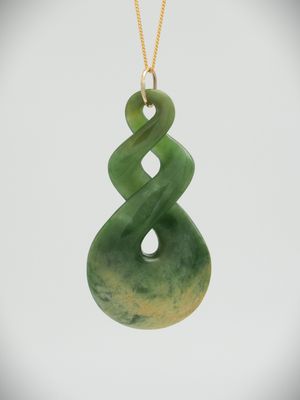Moko Pounamu Double Pikorua NZ Genuine Marsden Flower  Greenstone & 9ct Gold - Piko