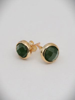 Moko Pounamu Faceted NZ Genuine Kahurangi Greenstone & 9ct Gold Stud Earrings