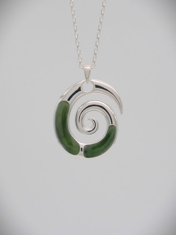 Moko Pounamu Silver and Greenstone Koru Pendant  - 03JP