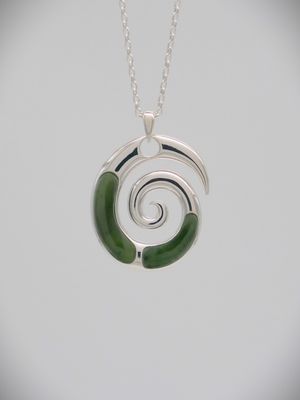 Moko Pounamu Silver and Greenstone Koru Pendant  - 03JP