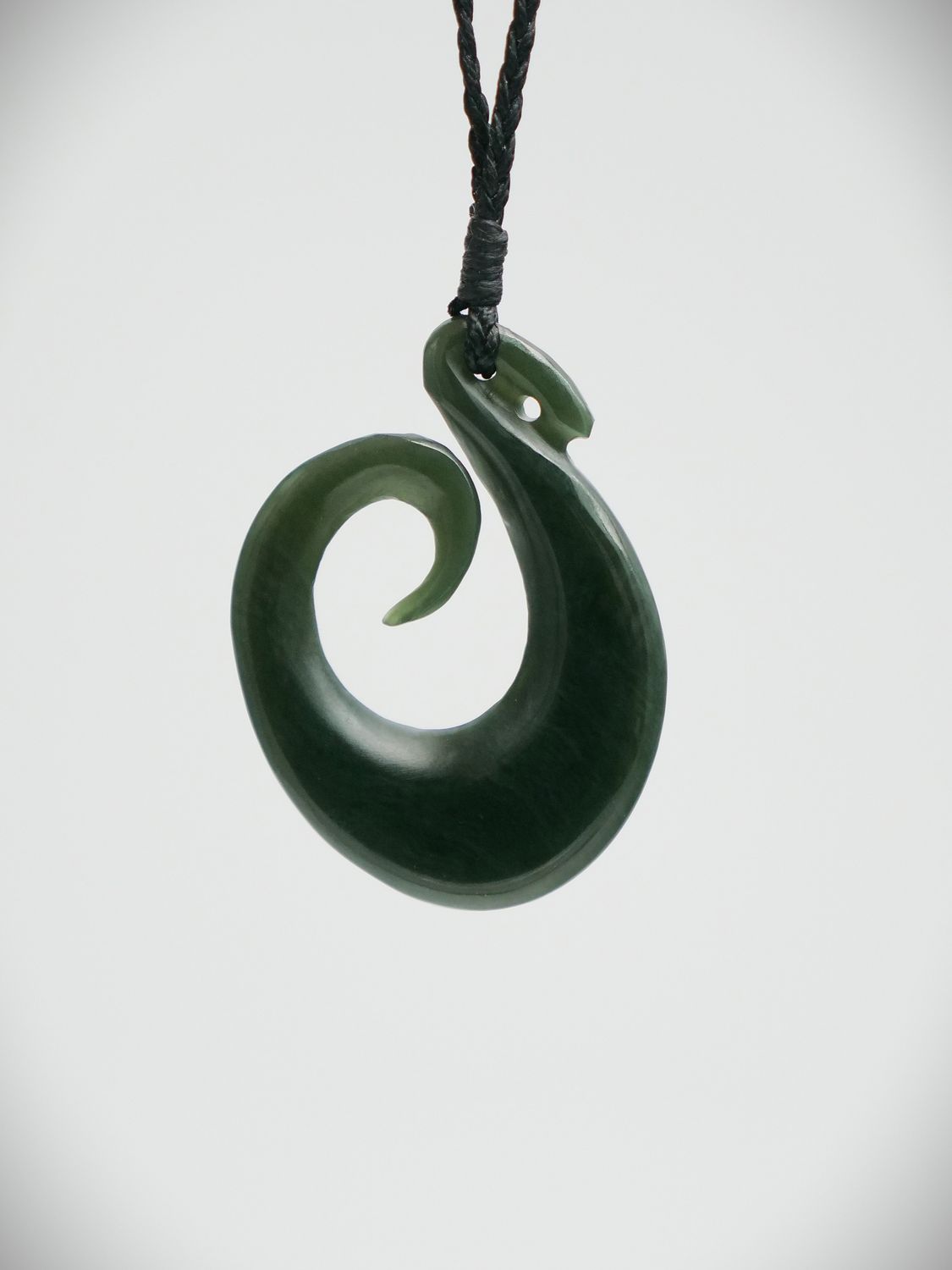 Moko Pounamu Hei Matau (Hook) NZ Genuine Kawakawa Greenstone - Koura