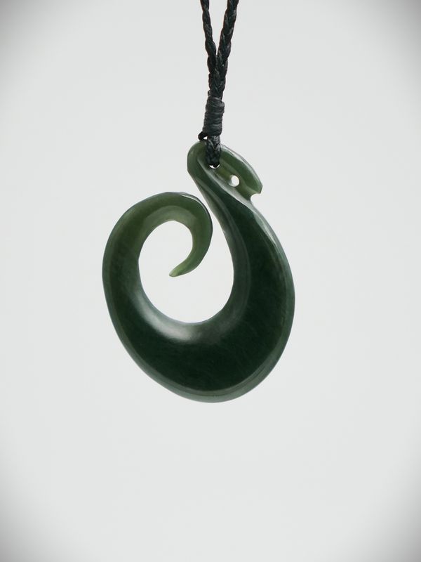Moko Pounamu Hei Matau (Hook) NZ Genuine Kawakawa Greenstone - Koura