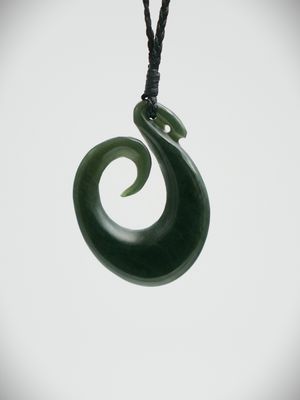 Moko Pounamu Hei Matau (Hook) NZ Genuine Kawakawa Greenstone - Koura
