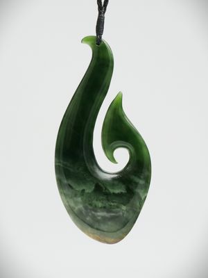 Moko Pounamu Hei Matau (Hook) NZ Genuine Marsden Flower Greenstone - Urumau