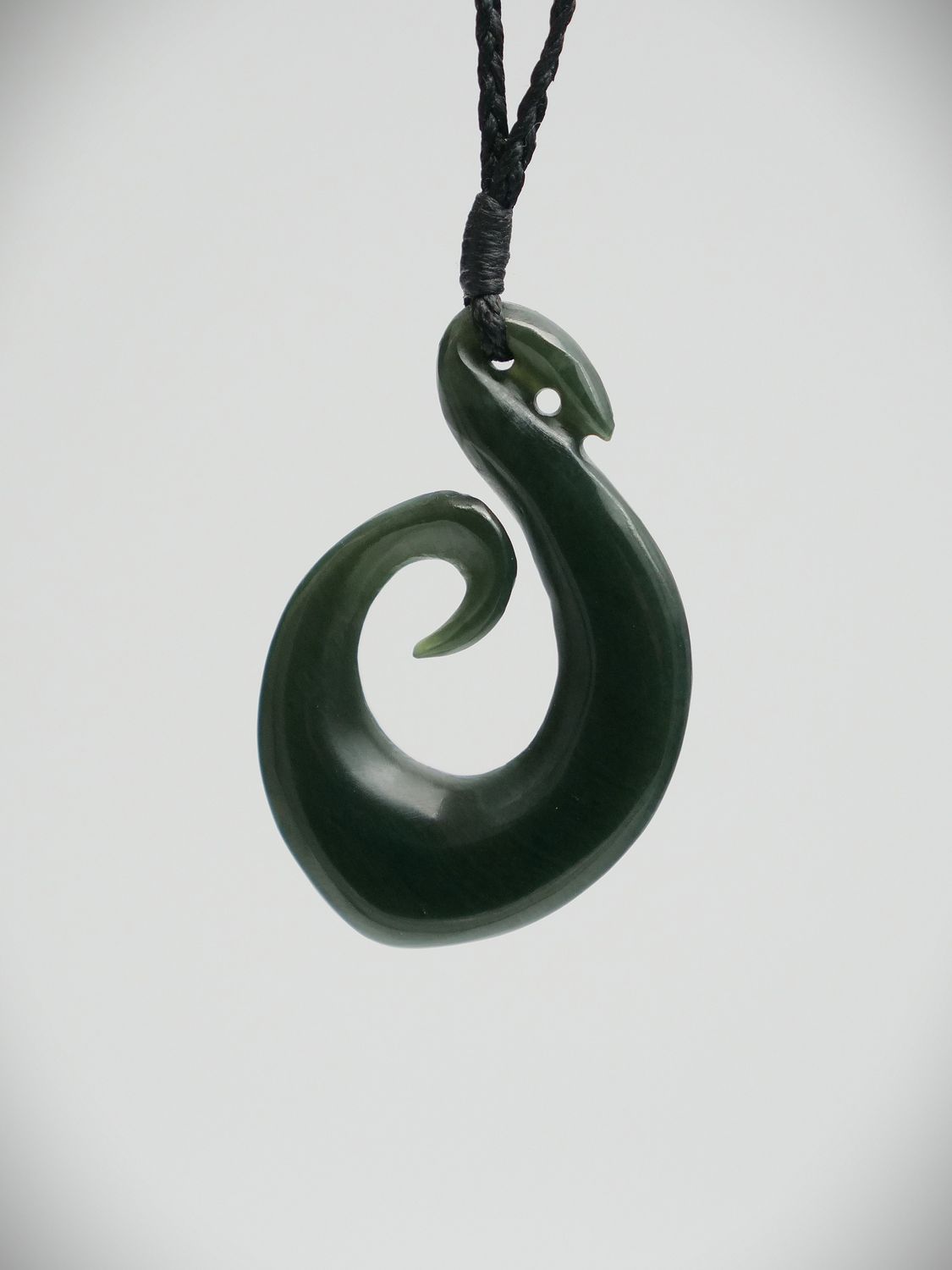 Moko Pounamu Hei Matau (Hook) NZ Genuine Inanga Greenstone - Omako