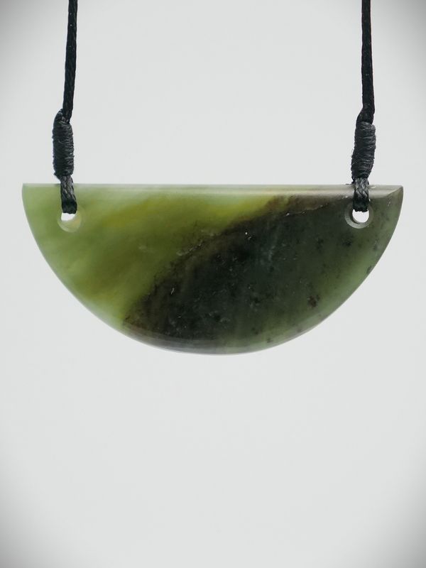 Moko Pounamu Notched Breastplate NZ Genuine Kawakawa  Greenstone - Piwakawaka