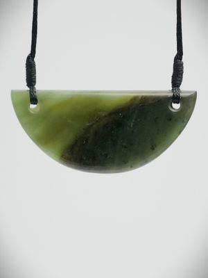 Moko Pounamu Notched Breastplate NZ Genuine Kawakawa  Greenstone - Piwakawaka