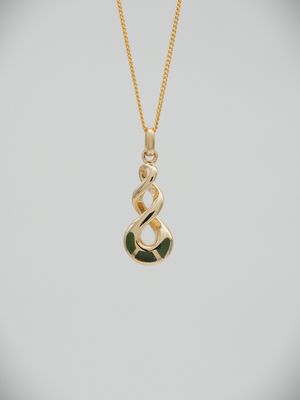 Moko Pounamu Double Pikorua (Twist) NZ Genuine Greenstone and 9ct Gold Pendant 00603