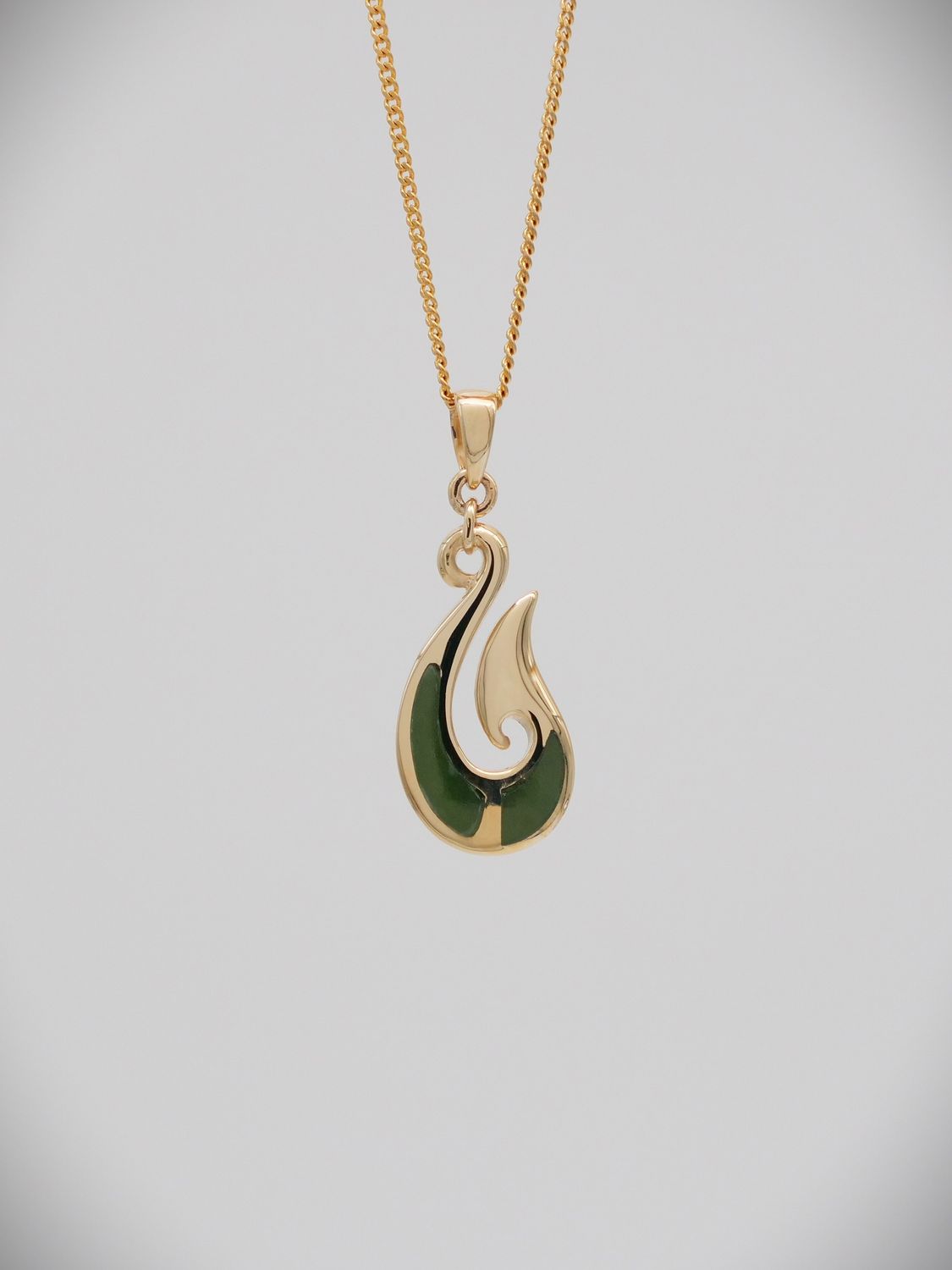 Moko Pounamu Hei Matau (Hook) NZ Genuine Greenstone and 9ct Gold  Pendant 00600