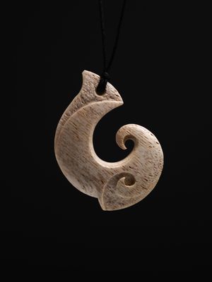 Moko Pounamu Hei Matau (Hook) Whale Bone Carving - Waitohi