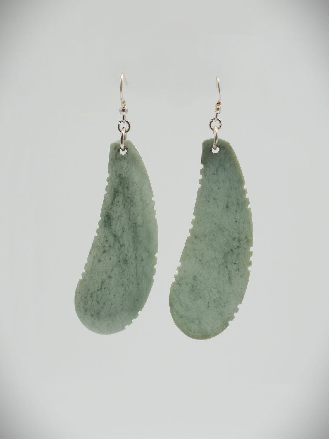 Moko Pounamu Notched Feather NZ Genuine Auhunga Greenstone & Sterling Silver Earrings