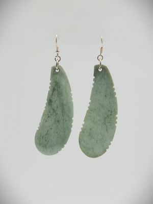 Moko Pounamu Notched Feather NZ Genuine Auhunga Greenstone & Sterling Silver Earrings 12712