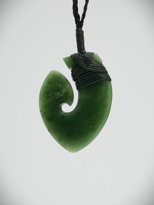 Moko Pounamu Hei Matau (Hook) NZ Genuine Kawakawa Greenstone - Haumoana