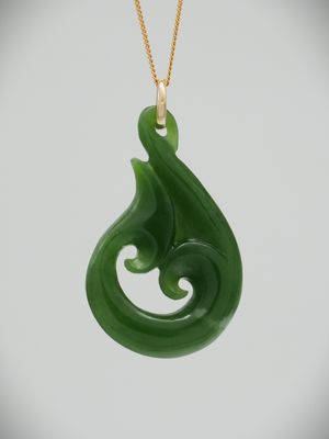 Moko Pounamu Hei Matau (Hook) NZ Genuine Kahotea Greenstone and 9ct Gold Pendant - Hauroko