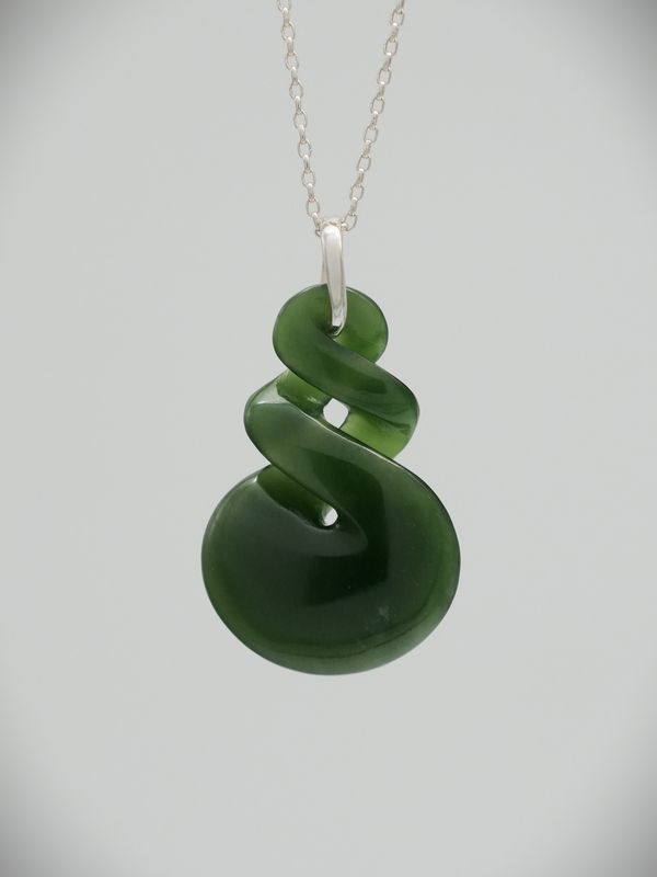 Moko Pounamu Double Pikorua (Twist) NZ Genuine Kawakawa Greenstone and Sterling Silver  - Tarakaipa