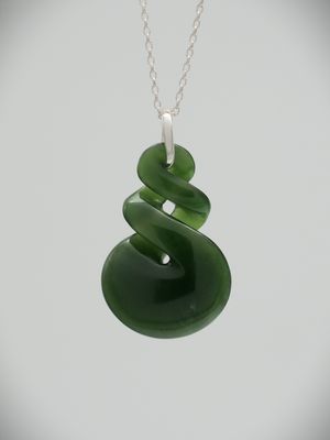 Moko Pounamu Double Pikorua (Twist) NZ Genuine Kawakawa Greenstone and Sterling Silver  - Tarakaipa