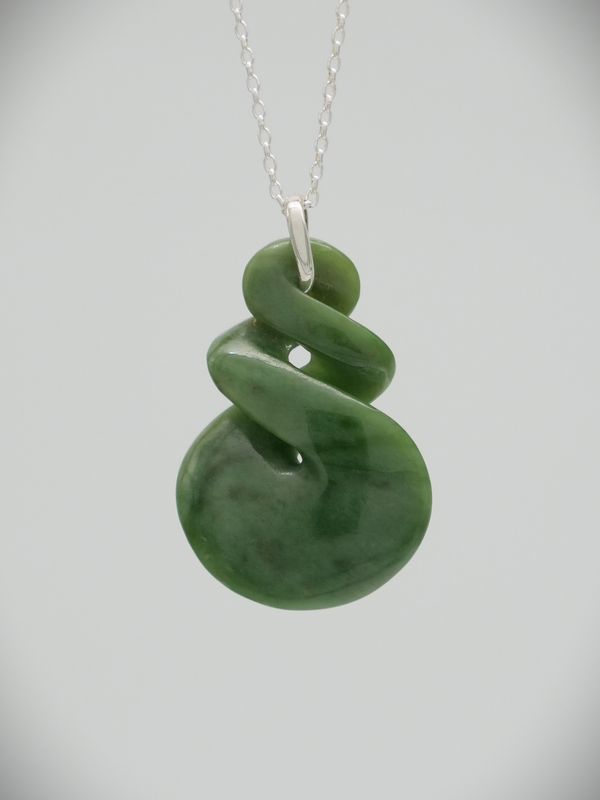 Moko Pounamu Double Pikorua (Twist) NZ Genuine Auhunga Greenstone and Sterling Silver  - Rawhiti