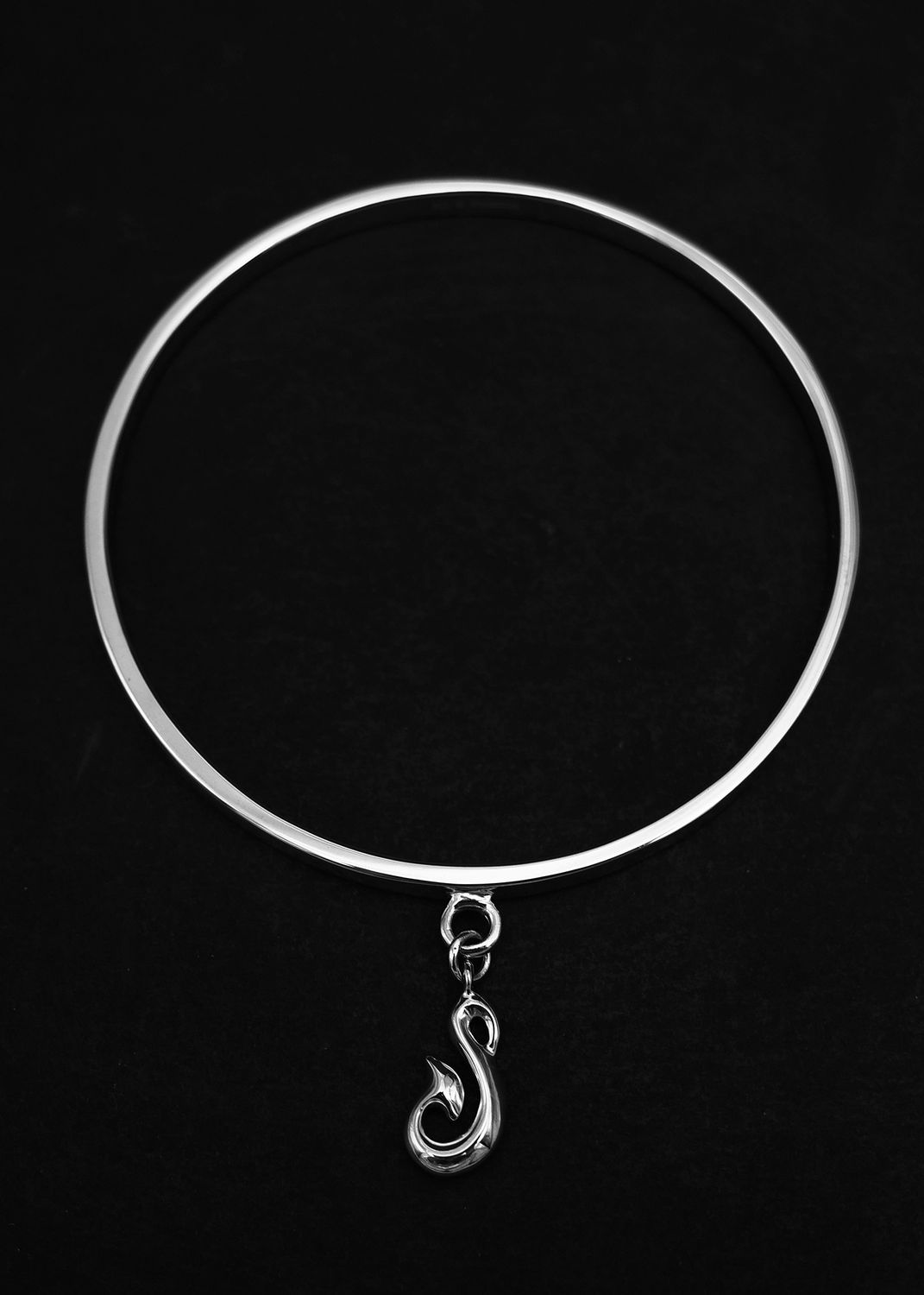Moko Pounamu Sterling Silver Bangle with Hei Matau Charm