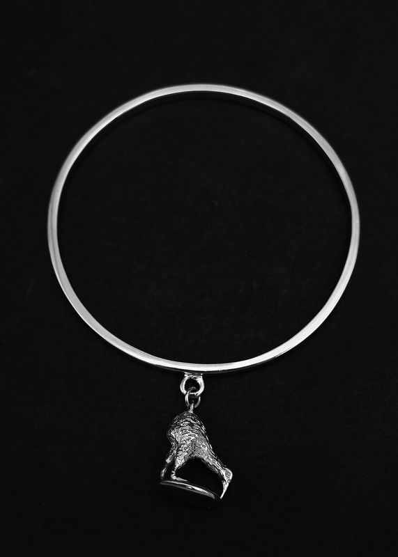 Moko Pounamu Sterling Silver Bangle with Kiwi Charm Moko Pounamu Sterling Silver Bangle with Kiwi Charm