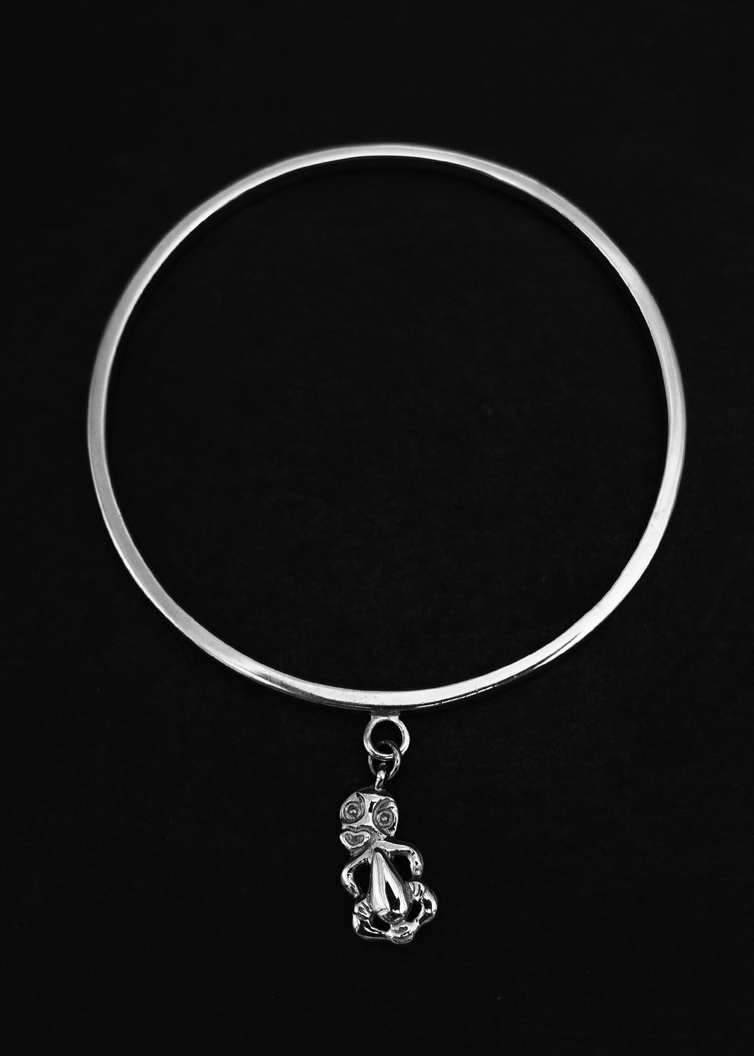 Moko Pounamu Sterling Silver Bangle with Hei Tiki Charm