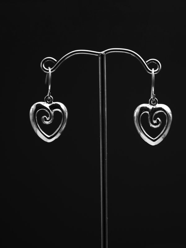 Moko Pounamu Sterling Silver Earrings with Heart Charm Moko Pounamu Sterling Silver Earrings with Heart Charm
